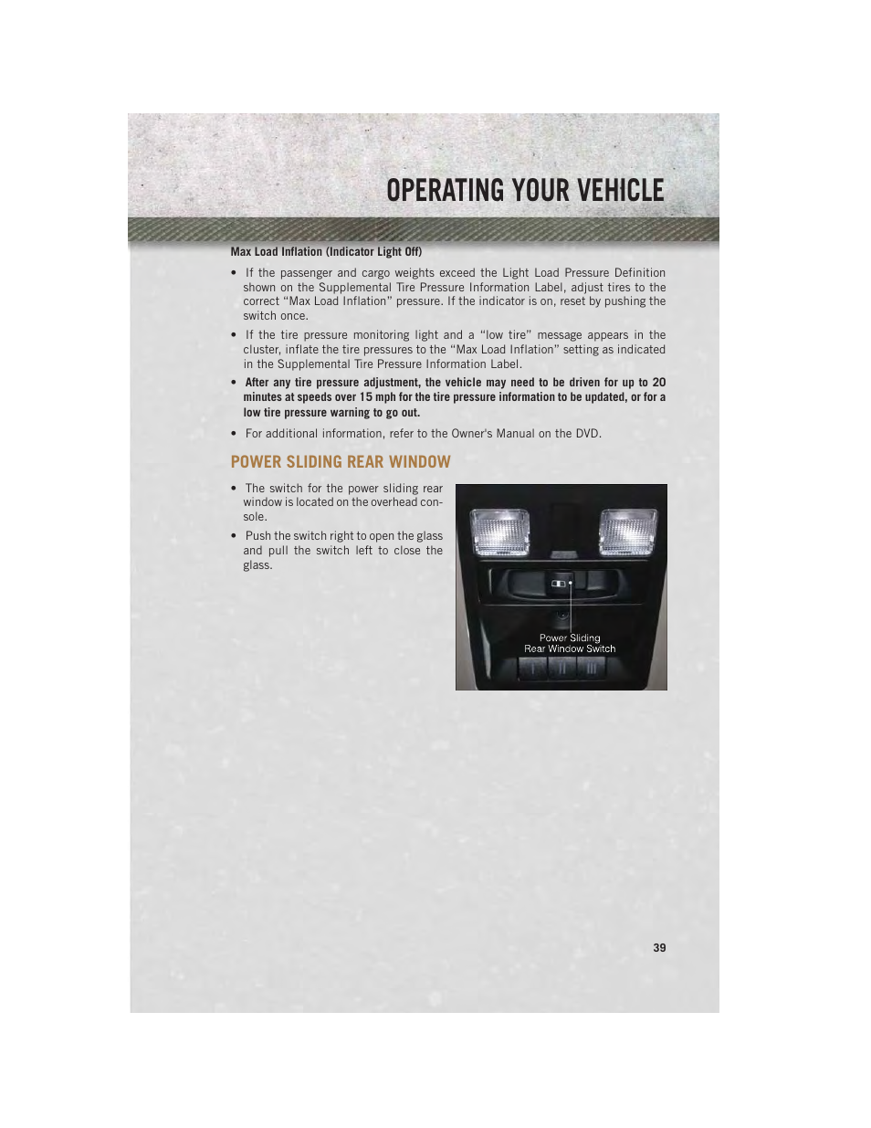 Max load inflation (indicator light off), Power sliding rear window, Operating your vehicle | Ram Trucks 2013 3500 - User Guide User Manual | Page 41 / 196