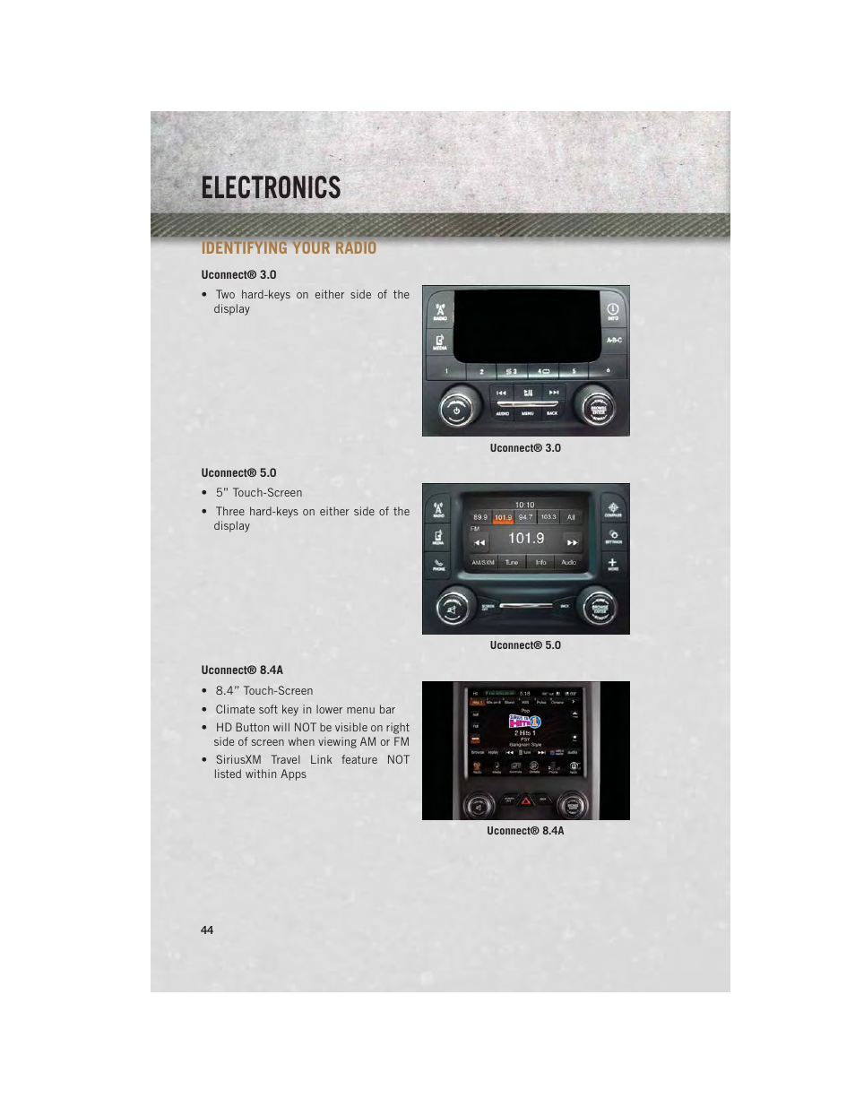 Identifying your radio, Electronics | Ram Trucks 2013 3500 - User Guide User Manual | Page 46 / 196