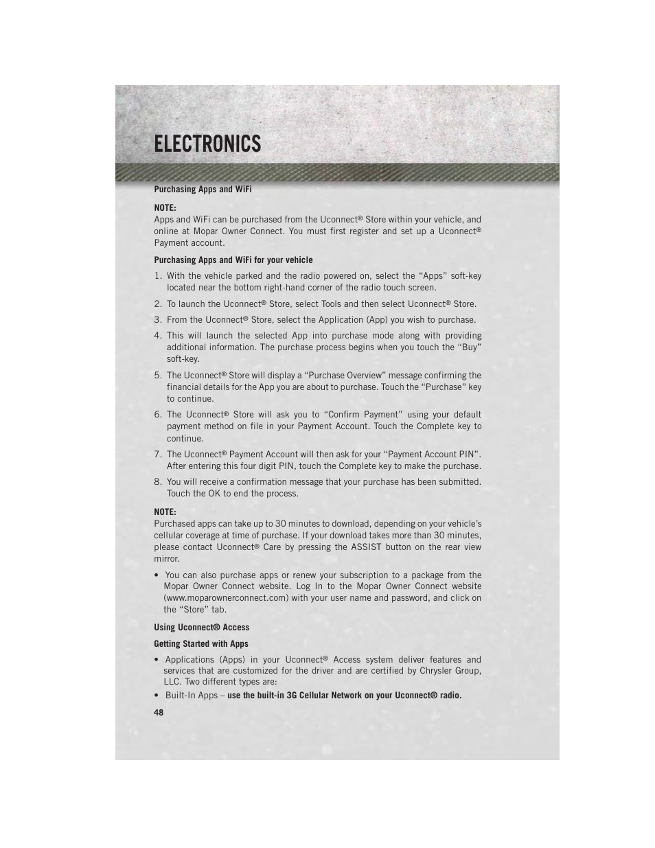 Purchasing apps and wifi, Using uconnect® access, Electronics | Ram Trucks 2013 3500 - User Guide User Manual | Page 50 / 196