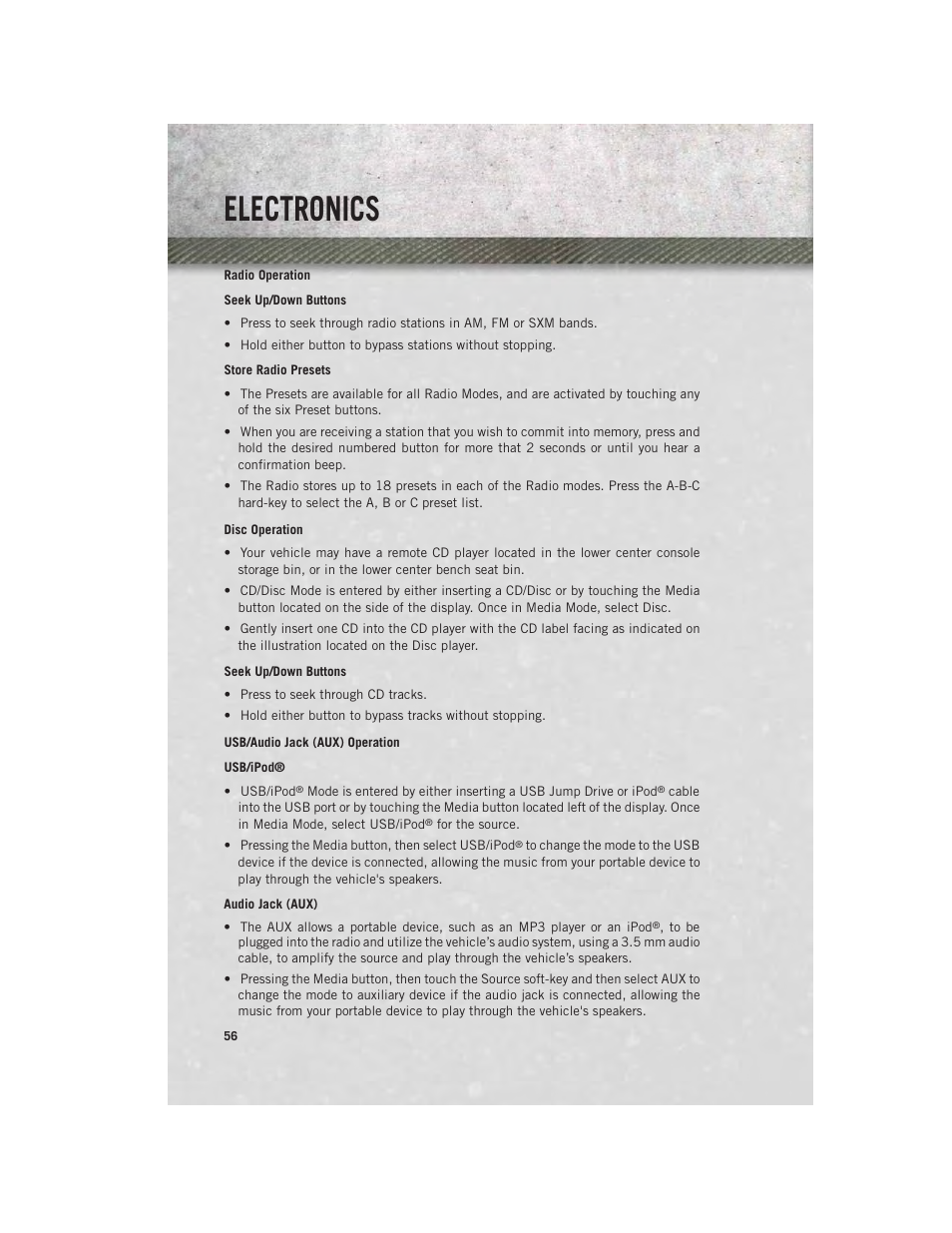 Radio operation, Disc operation, Usb/audio jack (aux) operation | Electronics | Ram Trucks 2013 3500 - User Guide User Manual | Page 58 / 196