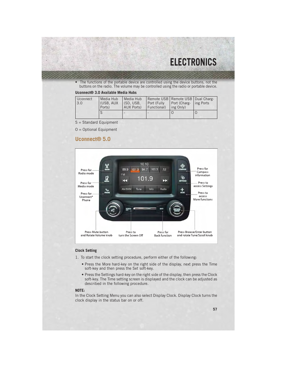 Uconnect® 5.0, Clock setting, Uconnect | Electronics | Ram Trucks 2013 3500 - User Guide User Manual | Page 59 / 196