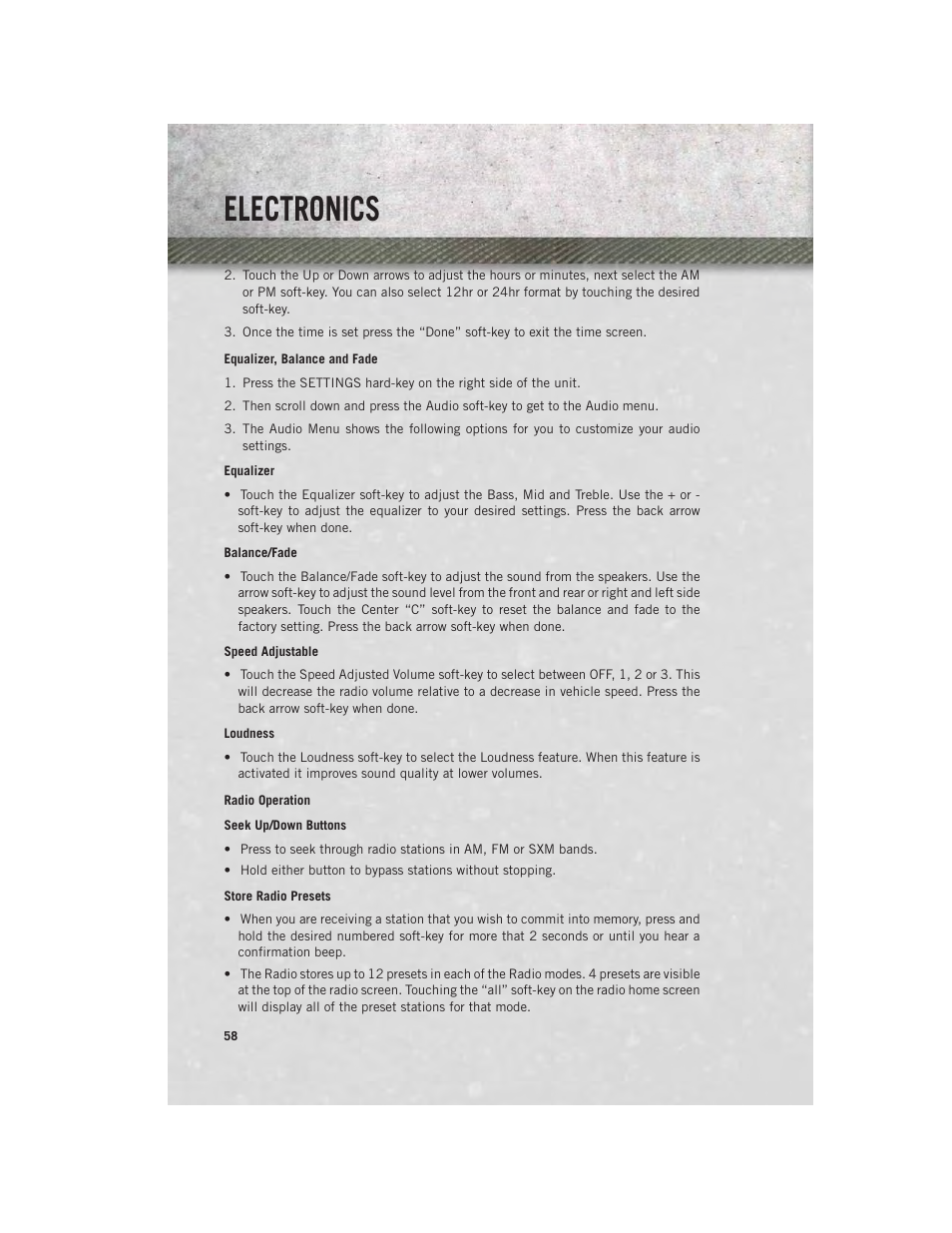 Equalizer, balance and fade, Radio operation, Electronics | Ram Trucks 2013 3500 - User Guide User Manual | Page 60 / 196