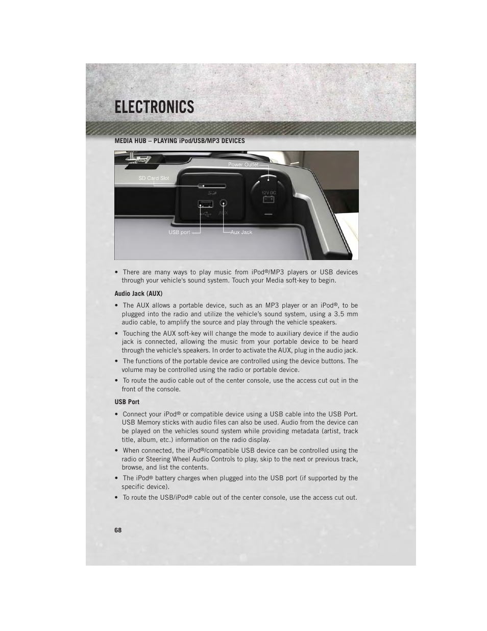 Media hub – playing ipod/usb/mp3 devices, Electronics | Ram Trucks 2013 3500 - User Guide User Manual | Page 70 / 196