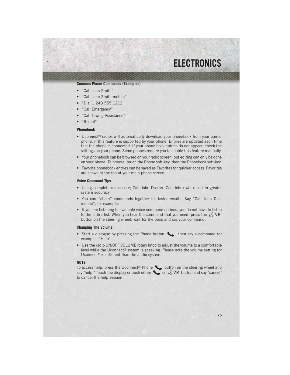 Common phone commands (examples), Phonebook, Voice command tips | Changing the volume, Electronics | Ram Trucks 2013 3500 - User Guide User Manual | Page 77 / 196