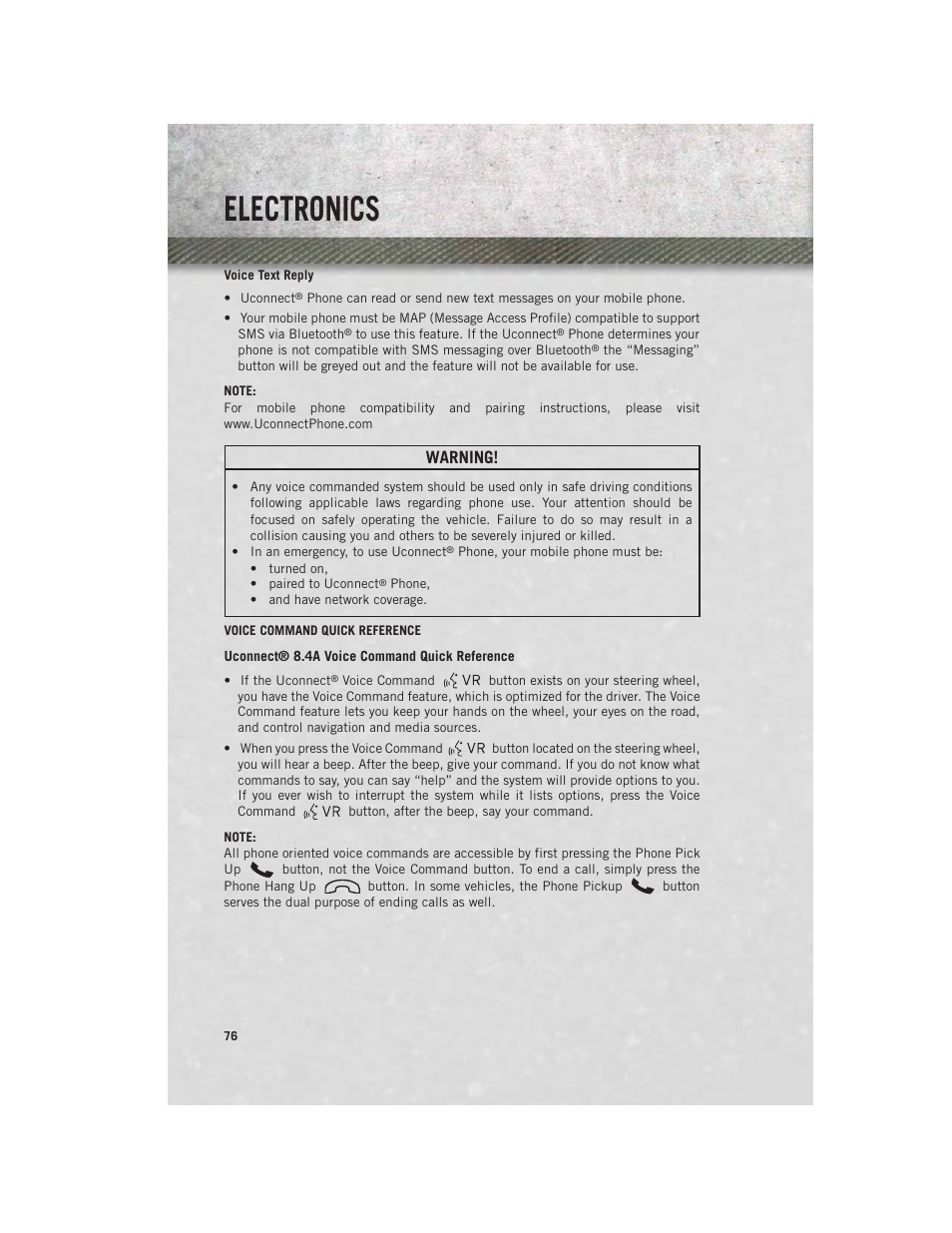 Voice text reply, Voice command quick reference, Electronics | Warning | Ram Trucks 2013 3500 - User Guide User Manual | Page 78 / 196