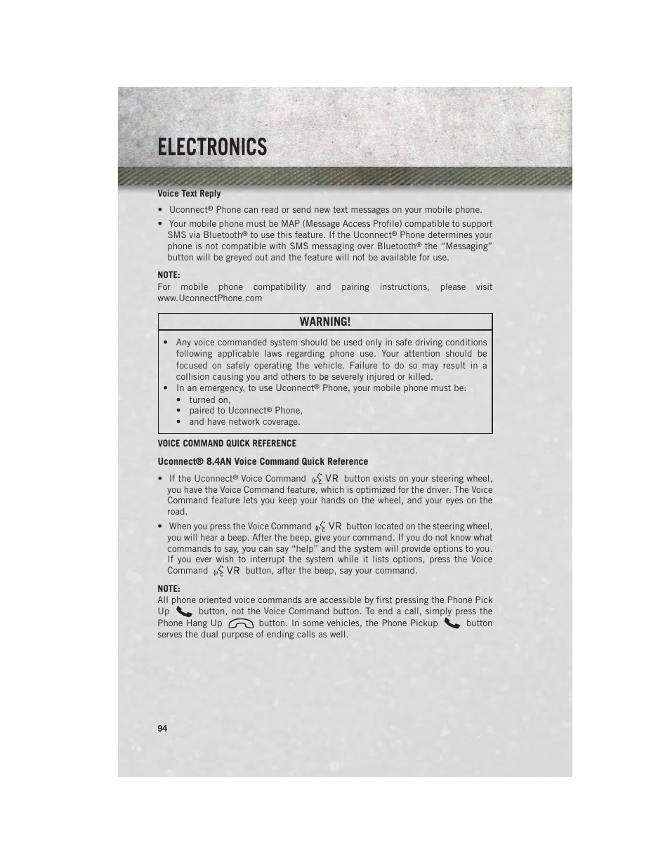 Voice text reply, Voice command quick reference, Electronics | Warning | Ram Trucks 2013 3500 - User Guide User Manual | Page 96 / 196