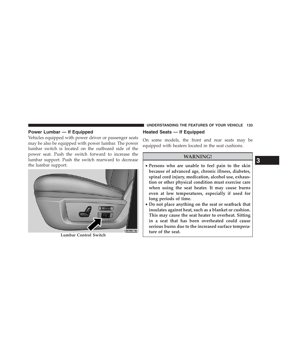 Power lumbar — if equipped, Heated seats — if equipped | Ram Trucks 2013 Chassis Cab - Owner Manual User Manual | Page 135 / 490