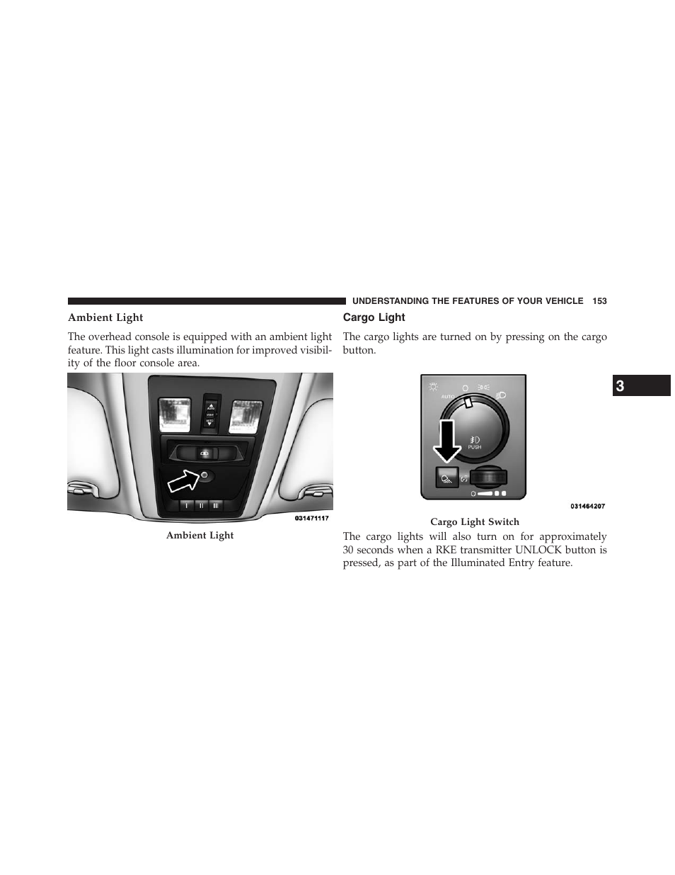 Ambient light, Cargo light | Ram Trucks 2013 Chassis Cab - Owner Manual User Manual | Page 155 / 490