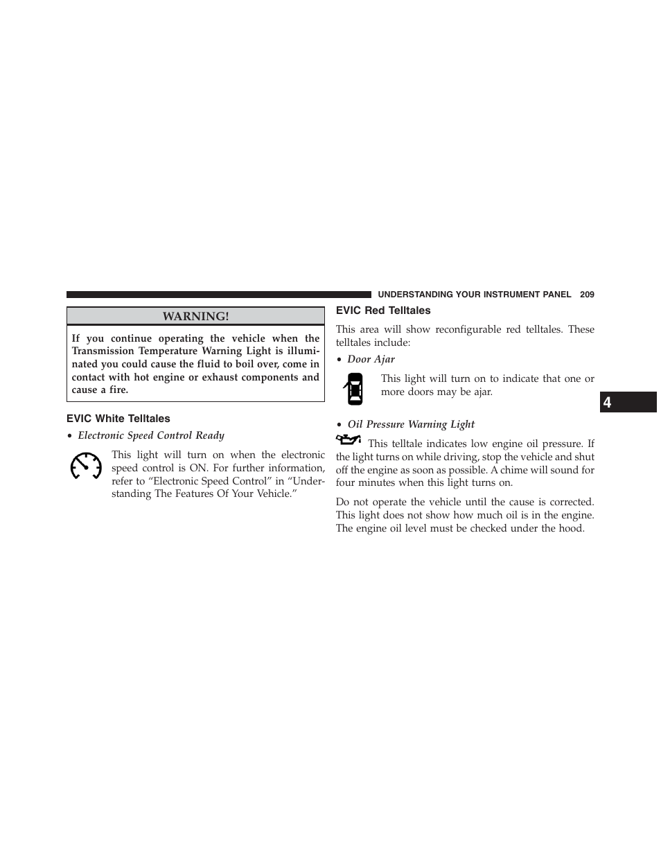 Evic white telltales, Evic red telltales | Ram Trucks 2013 Chassis Cab - Owner Manual User Manual | Page 211 / 490