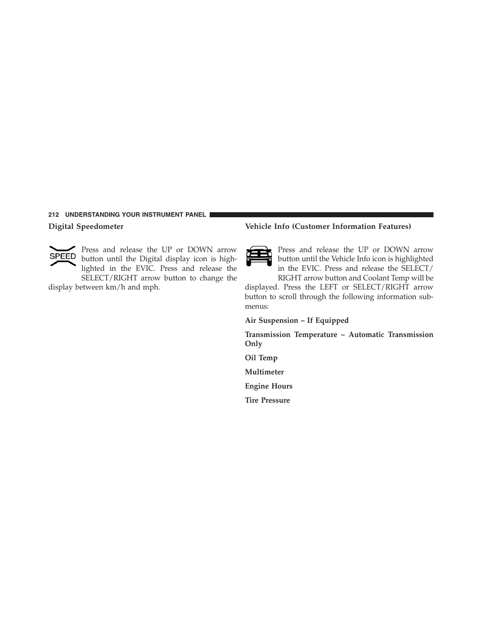 Digital speedometer, Vehicle info (customer information features) | Ram Trucks 2013 Chassis Cab - Owner Manual User Manual | Page 214 / 490