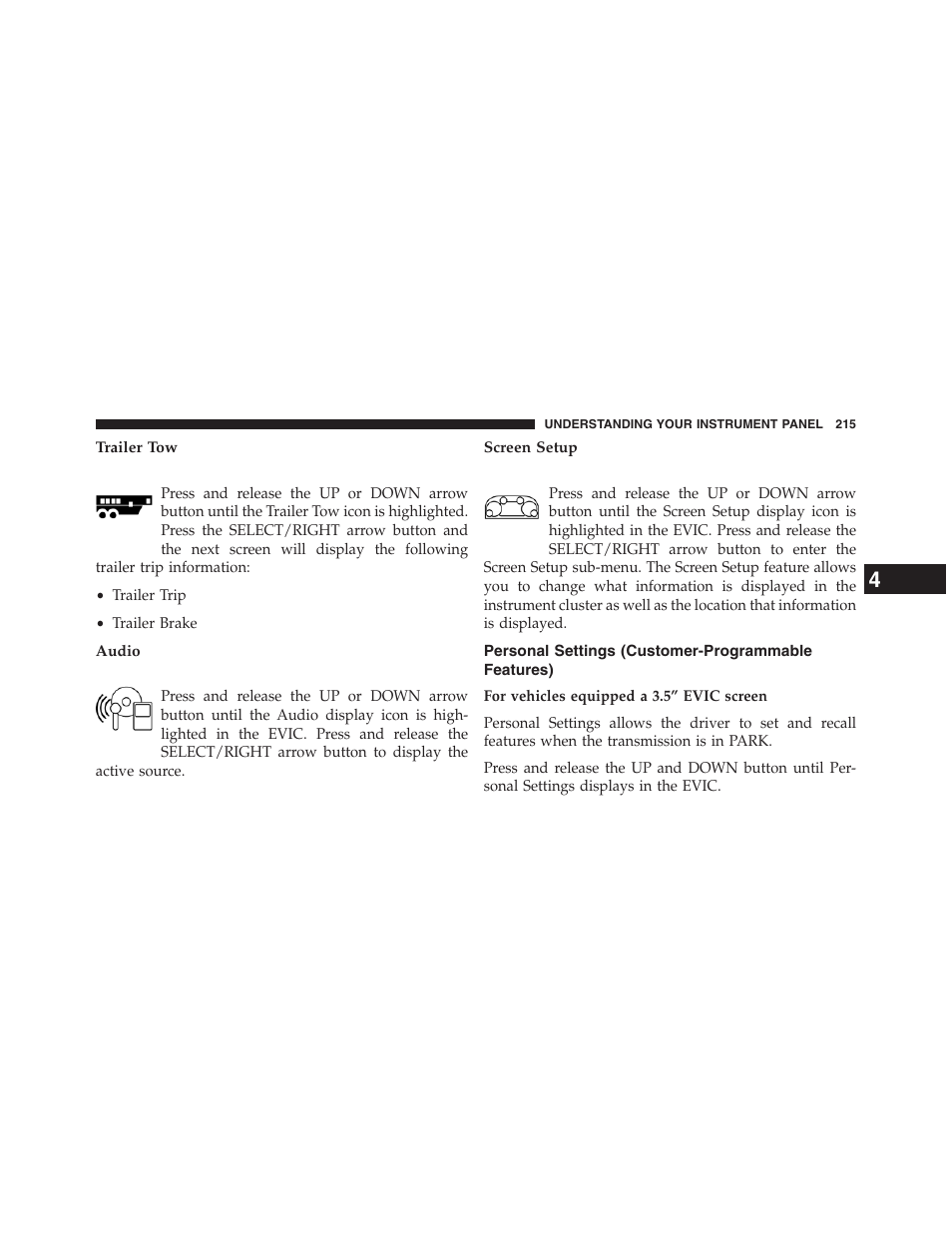 Trailer tow, Audio, Screen setup | Personal settings (customer-programmable features), Personal settings, Customer-programmable features) | Ram Trucks 2013 Chassis Cab - Owner Manual User Manual | Page 217 / 490