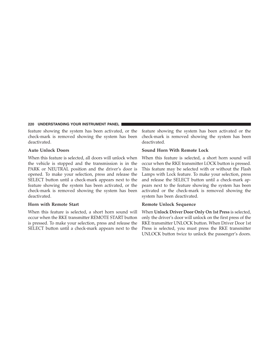 Auto unlock doors, Horn with remote start, Sound horn with remote lock | Remote unlock sequence | Ram Trucks 2013 Chassis Cab - Owner Manual User Manual | Page 222 / 490