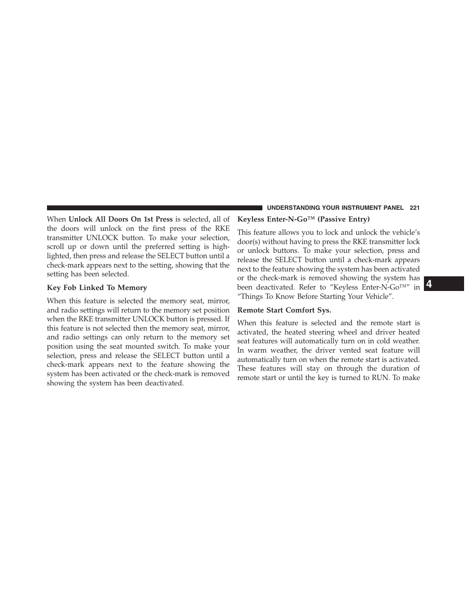 Key fob linked to memory, Keyless enter-n-go™ (passive entry), Remote start comfort sys | Ram Trucks 2013 Chassis Cab - Owner Manual User Manual | Page 223 / 490
