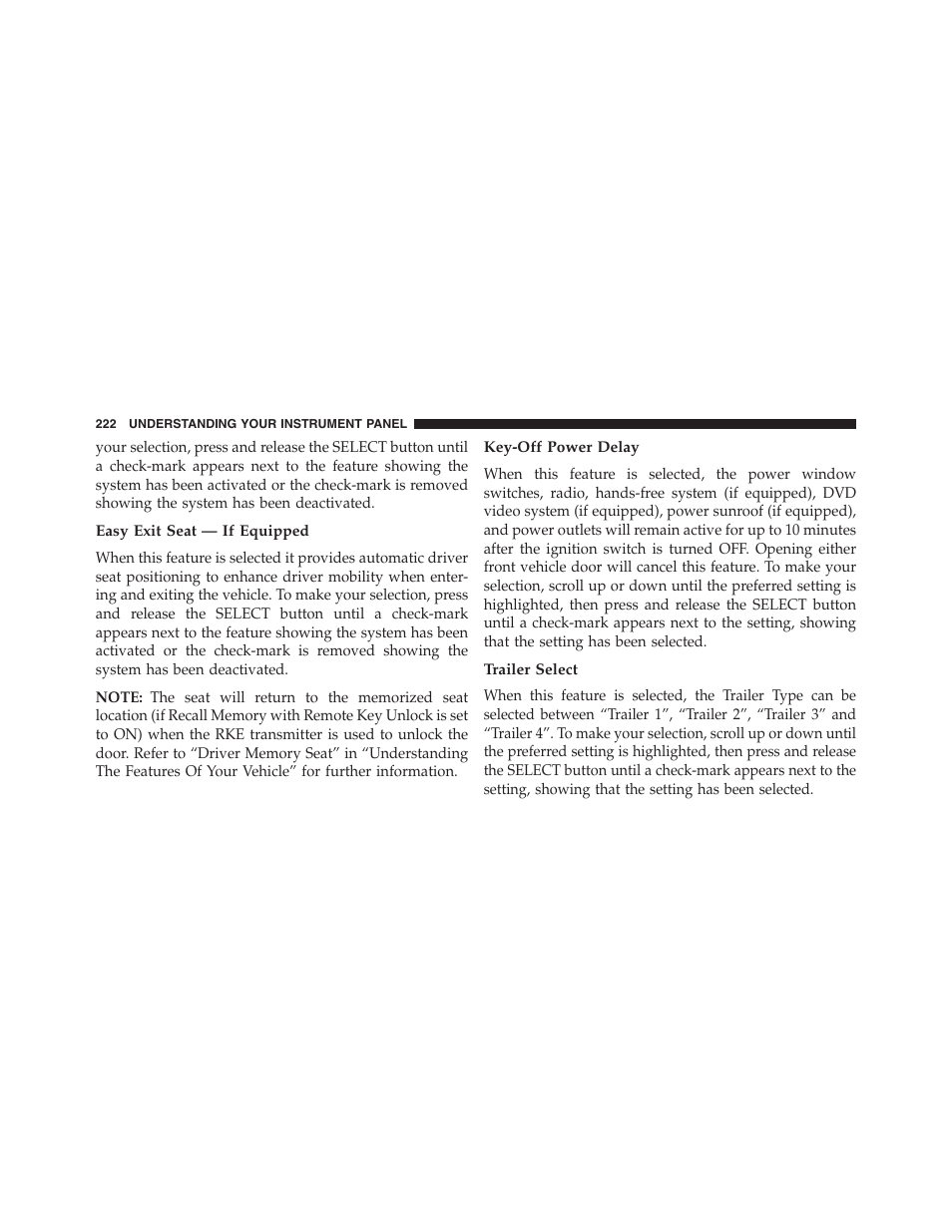 Easy exit seat — if equipped, Key-off power delay, Trailer select | Ram Trucks 2013 Chassis Cab - Owner Manual User Manual | Page 224 / 490