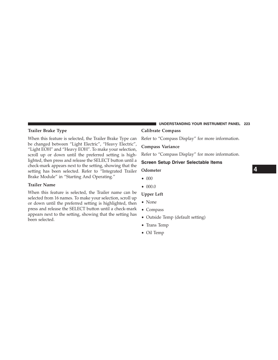 Trailer brake type, Trailer name, Calibrate compass | Compass variance, Screen setup driver selectable items | Ram Trucks 2013 Chassis Cab - Owner Manual User Manual | Page 225 / 490