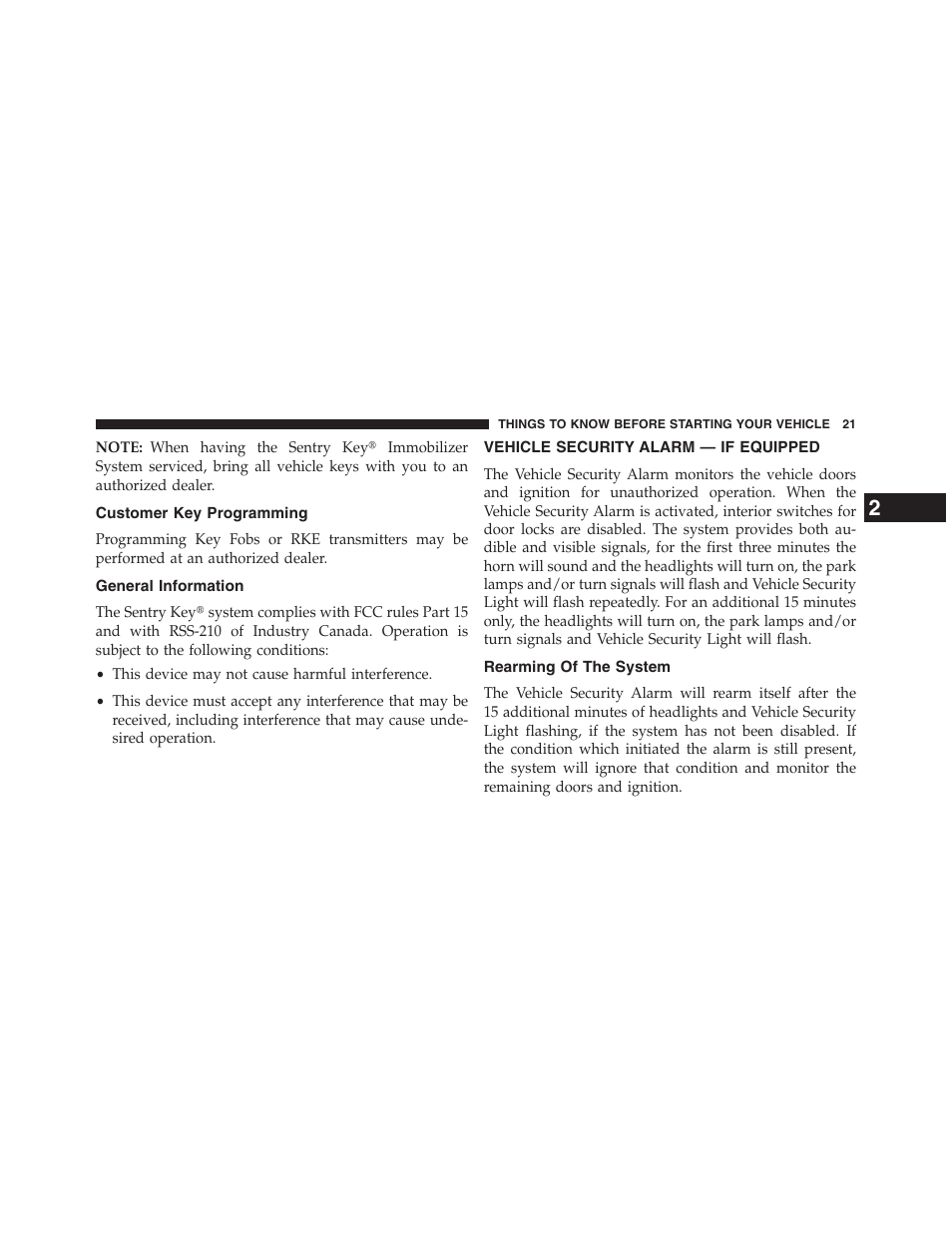 Customer key programming, General information, Vehicle security alarm — if equipped | Rearming of the system, Vehicle security alarm, If equipped | Ram Trucks 2013 Chassis Cab - Owner Manual User Manual | Page 23 / 490