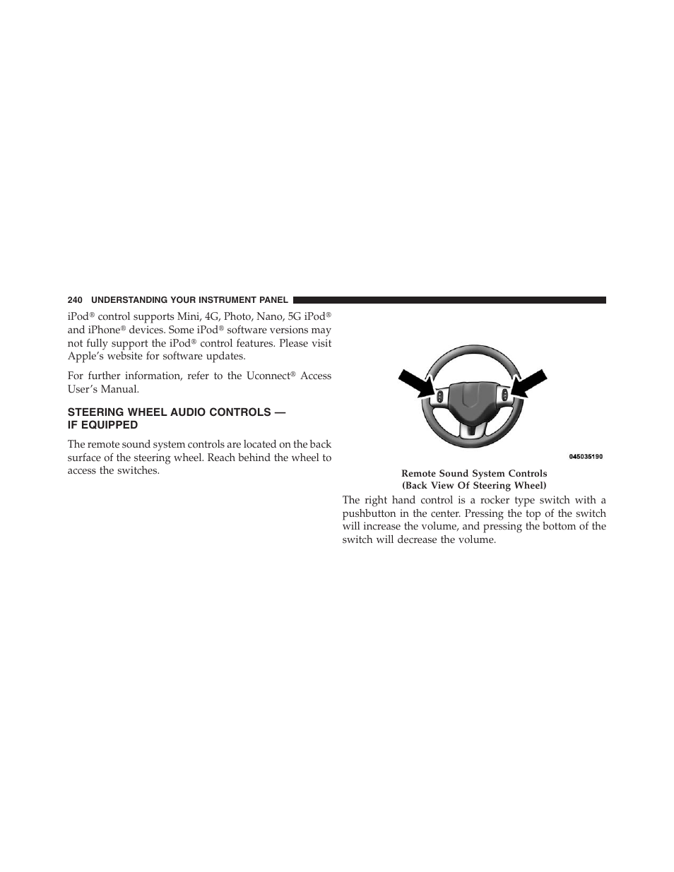 Steering wheel audio controls — if equipped, Steering wheel audio controls, If equipped | Ram Trucks 2013 Chassis Cab - Owner Manual User Manual | Page 242 / 490