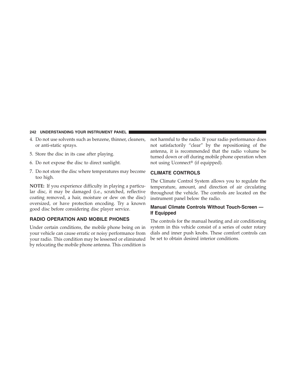 Radio operation and mobile phones, Climate controls, Manual climate controls without | Touch-screen — if equipped | Ram Trucks 2013 Chassis Cab - Owner Manual User Manual | Page 244 / 490