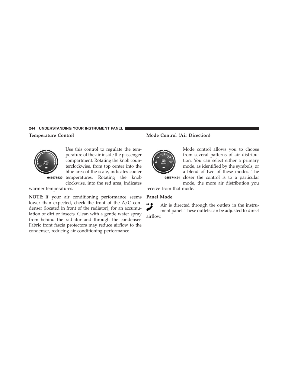 Temperature control, Mode control (air direction), Panel mode | Ram Trucks 2013 Chassis Cab - Owner Manual User Manual | Page 246 / 490