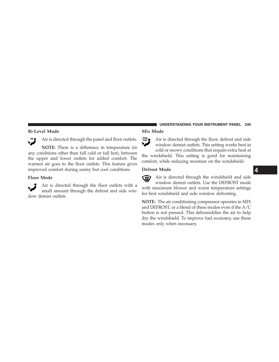 Bi-level mode, Floor mode, Mix mode | Defrost mode | Ram Trucks 2013 Chassis Cab - Owner Manual User Manual | Page 247 / 490