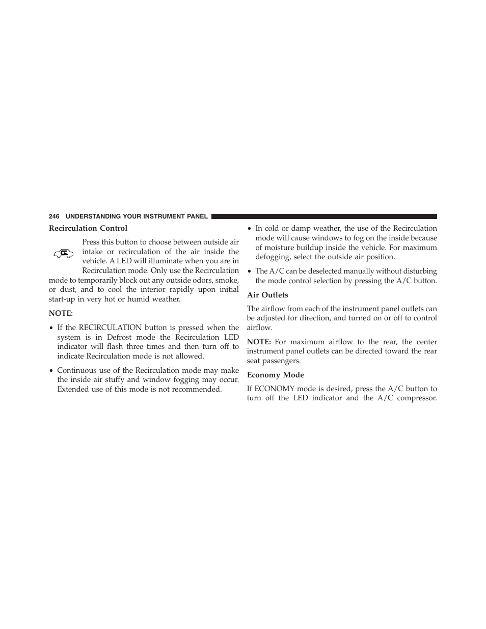 Recirculation control, Air outlets, Economy mode | Ram Trucks 2013 Chassis Cab - Owner Manual User Manual | Page 248 / 490