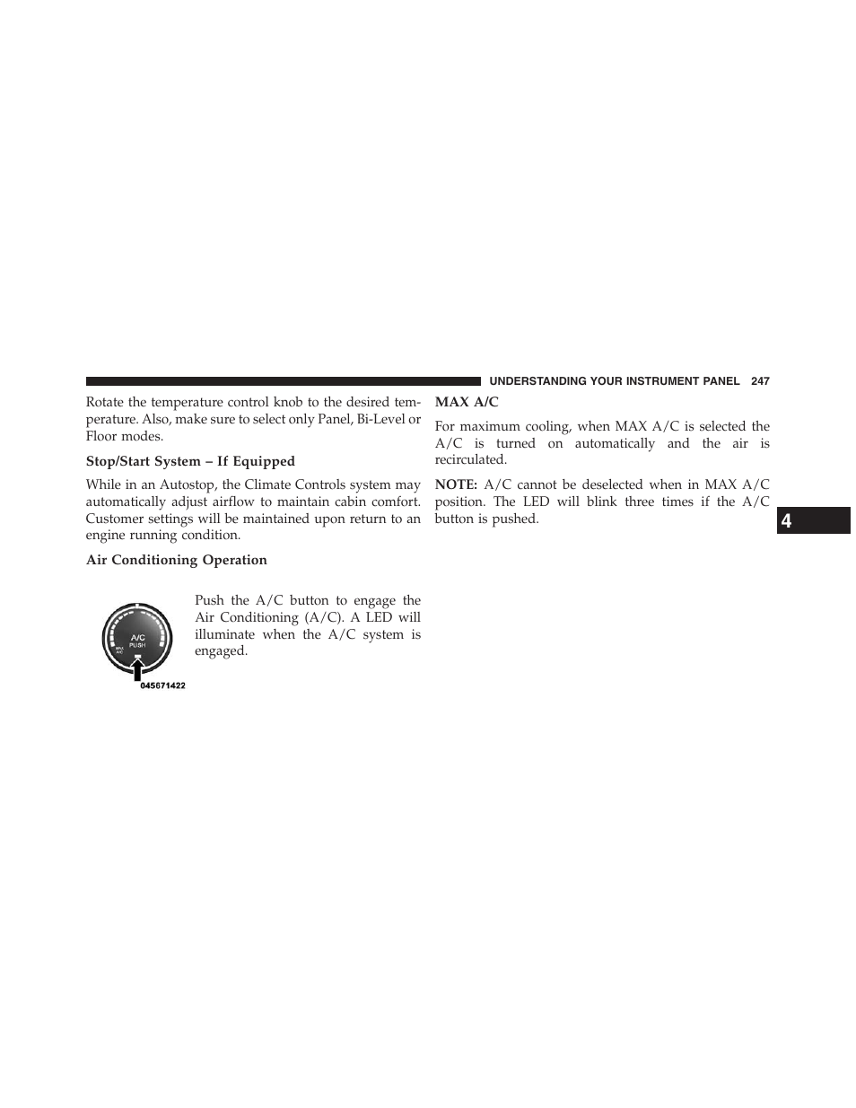Stop/start system – if equipped, Air conditioning operation, Max a/c | Ram Trucks 2013 Chassis Cab - Owner Manual User Manual | Page 249 / 490