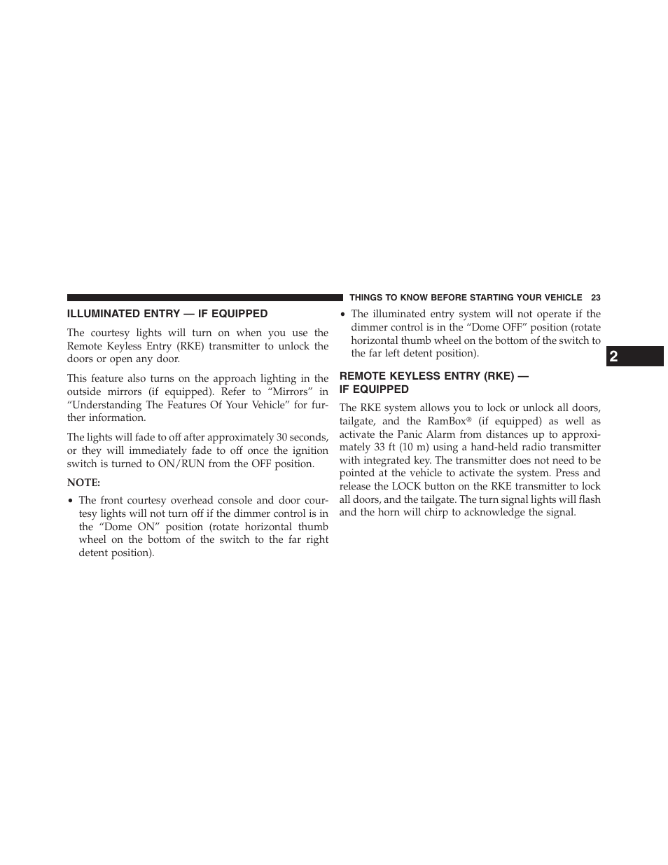 Illuminated entry — if equipped, Remote keyless entry (rke) — if equipped, Remote keyless entry | Rke) — if equipped | Ram Trucks 2013 Chassis Cab - Owner Manual User Manual | Page 25 / 490