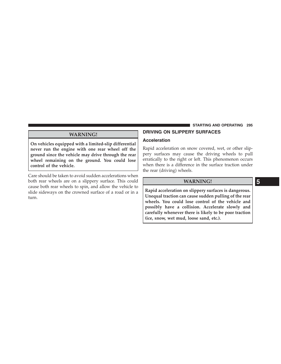 Driving on slippery surfaces, Acceleration | Ram Trucks 2013 Chassis Cab - Owner Manual User Manual | Page 297 / 490