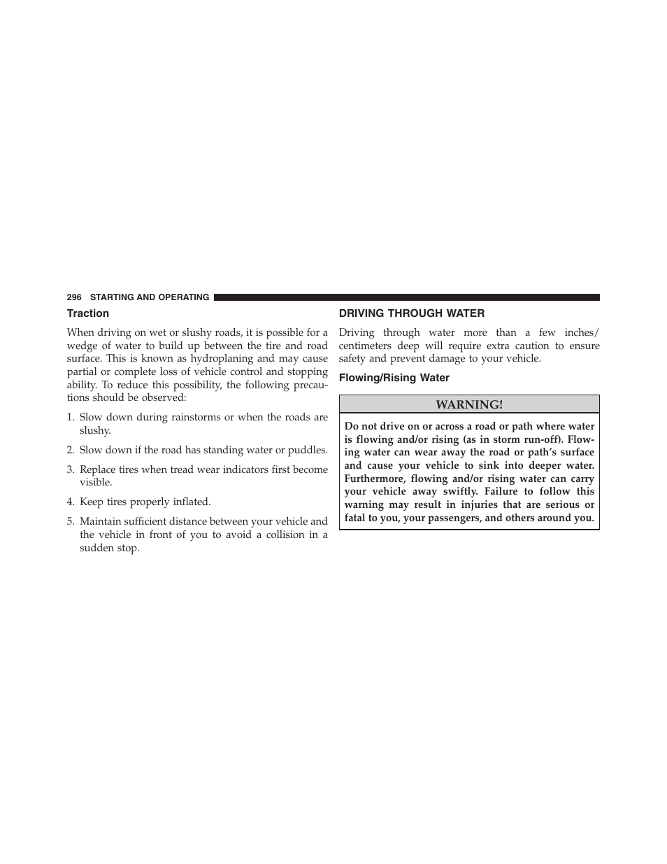 Traction, Driving through water, Flowing/rising water | Ram Trucks 2013 Chassis Cab - Owner Manual User Manual | Page 298 / 490