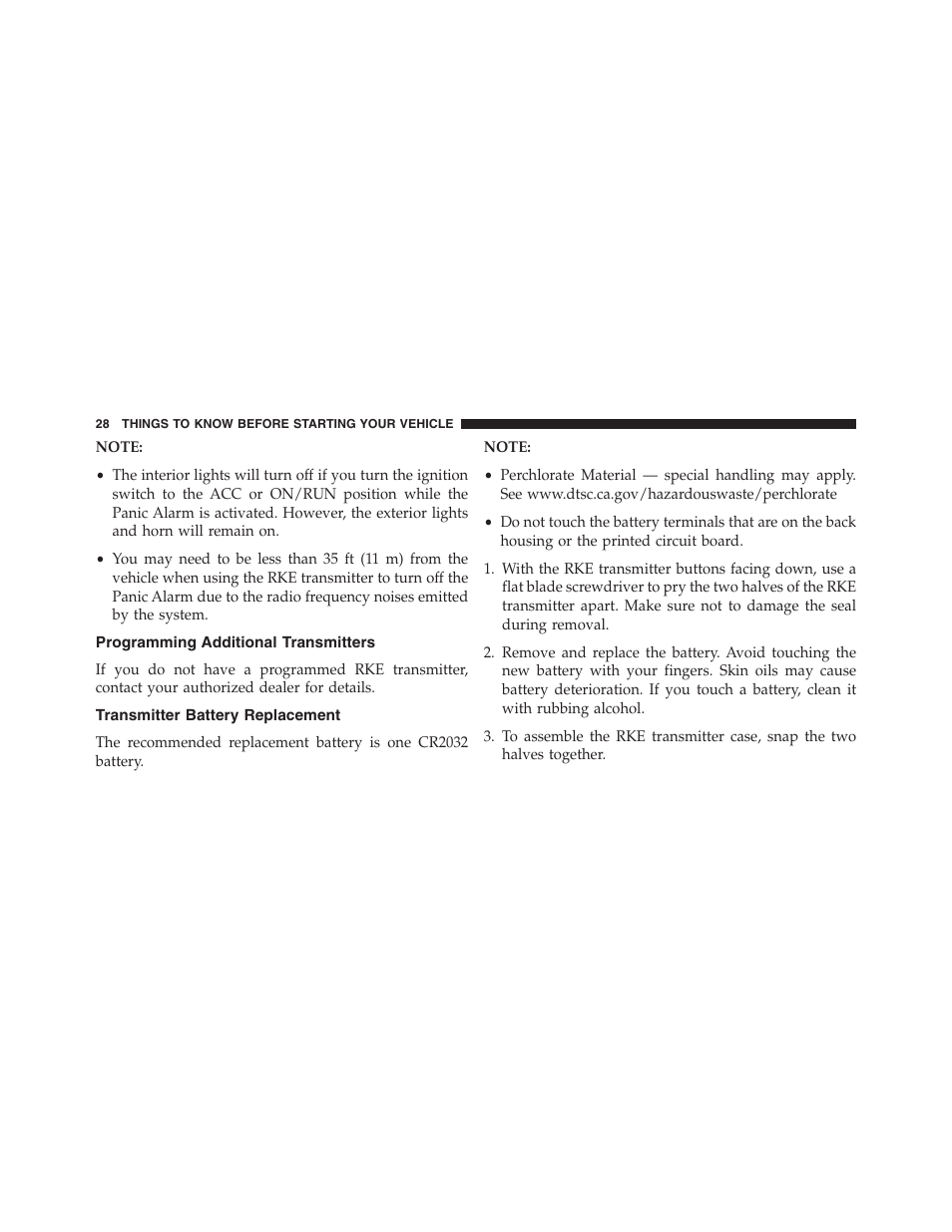 Programming additional transmitters, Transmitter battery replacement | Ram Trucks 2013 Chassis Cab - Owner Manual User Manual | Page 30 / 490