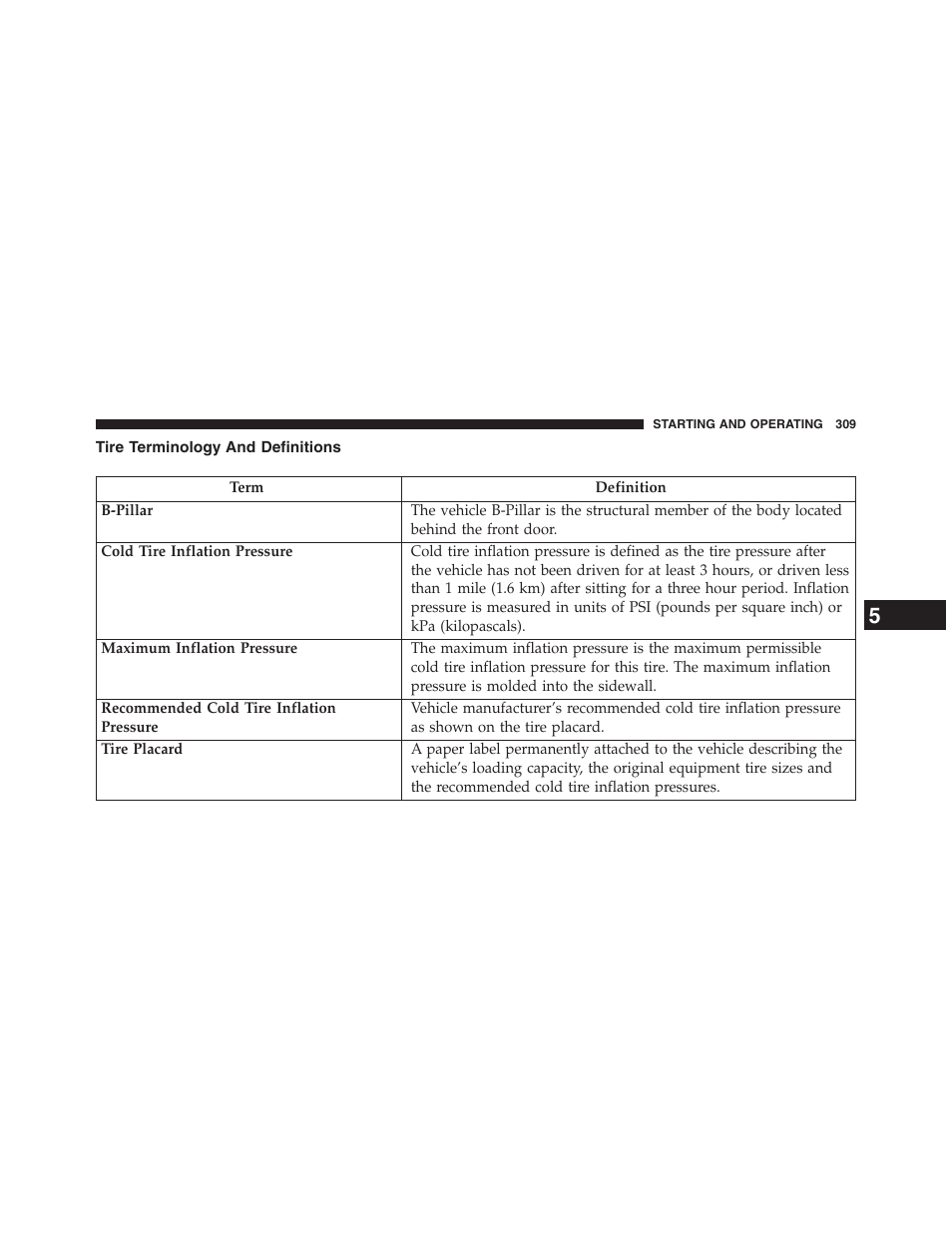 Tire terminology and definitions | Ram Trucks 2013 Chassis Cab - Owner Manual User Manual | Page 311 / 490