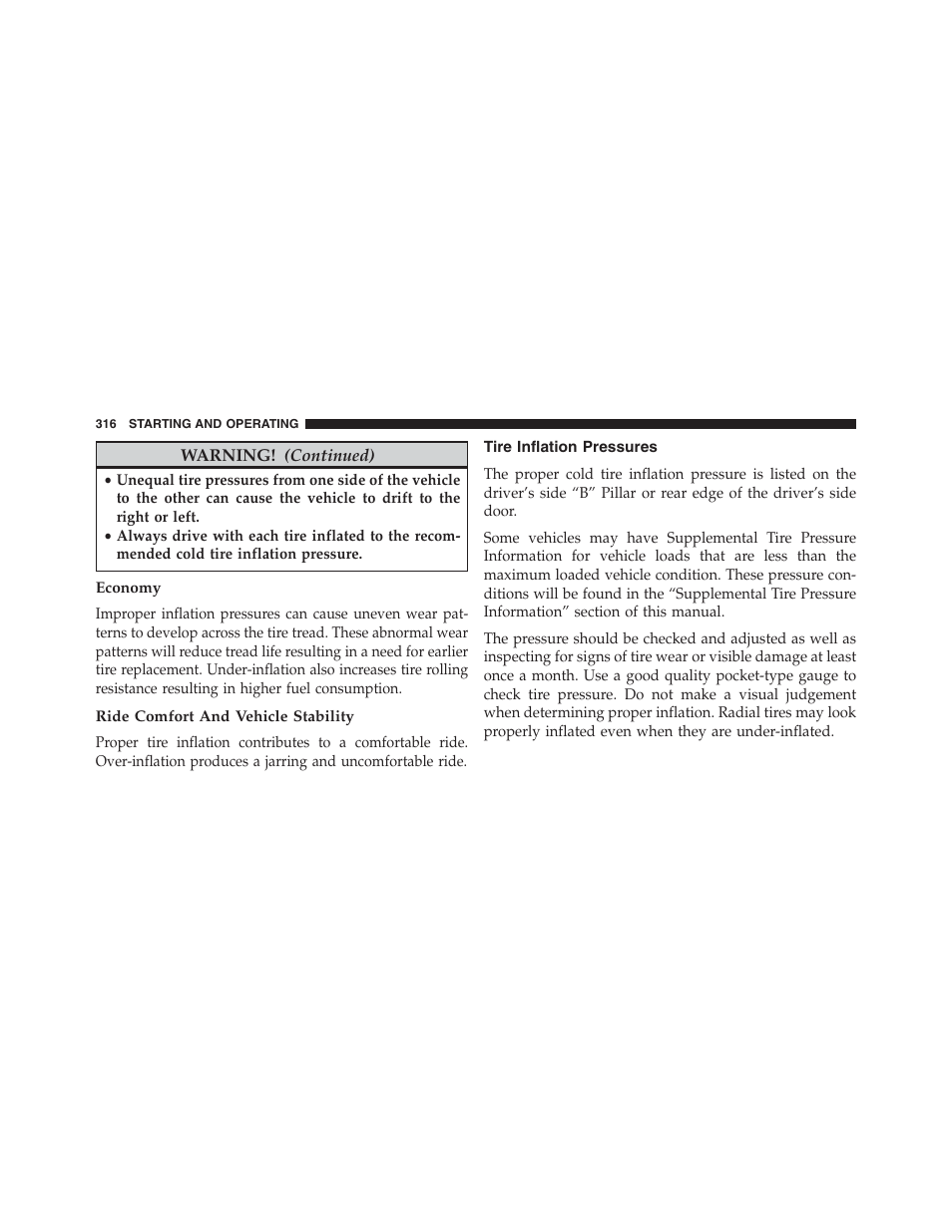 Economy, Ride comfort and vehicle stability, Tire inflation pressures | Ram Trucks 2013 Chassis Cab - Owner Manual User Manual | Page 318 / 490