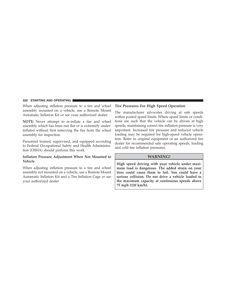 Tire pressures for high speed operation | Ram Trucks 2013 Chassis Cab - Owner Manual User Manual | Page 322 / 490