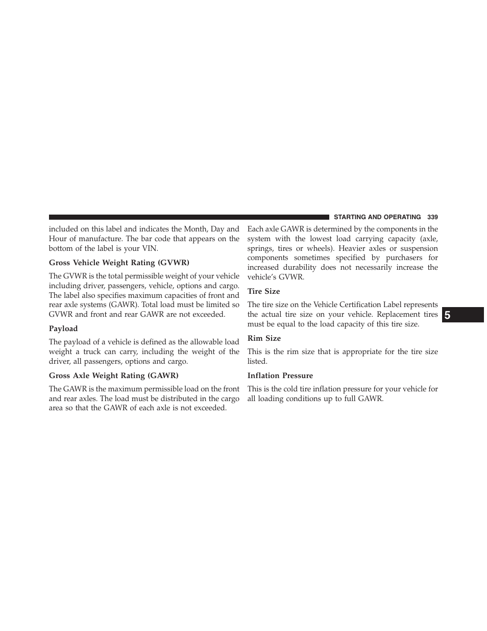 Gross vehicle weight rating (gvwr), Payload, Gross axle weight rating (gawr) | Tire size, Rim size, Inflation pressure | Ram Trucks 2013 Chassis Cab - Owner Manual User Manual | Page 341 / 490