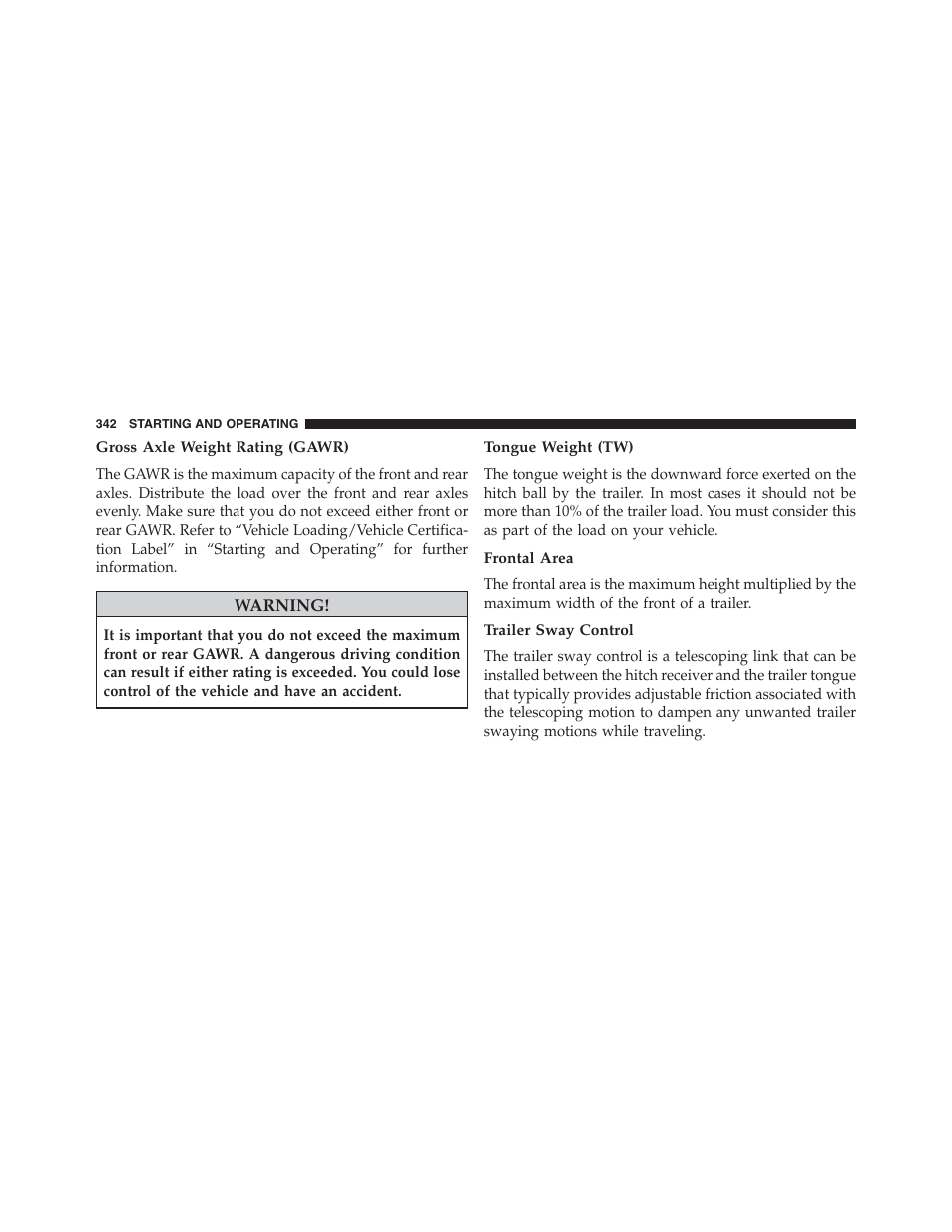 Gross axle weight rating (gawr), Tongue weight (tw), Frontal area | Trailer sway control | Ram Trucks 2013 Chassis Cab - Owner Manual User Manual | Page 344 / 490
