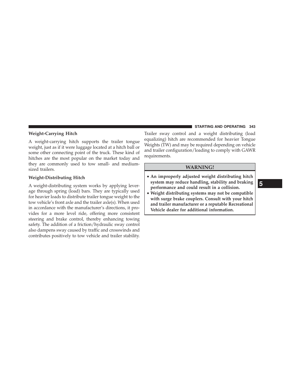 Weight-carrying hitch, Weight-distributing hitch | Ram Trucks 2013 Chassis Cab - Owner Manual User Manual | Page 345 / 490