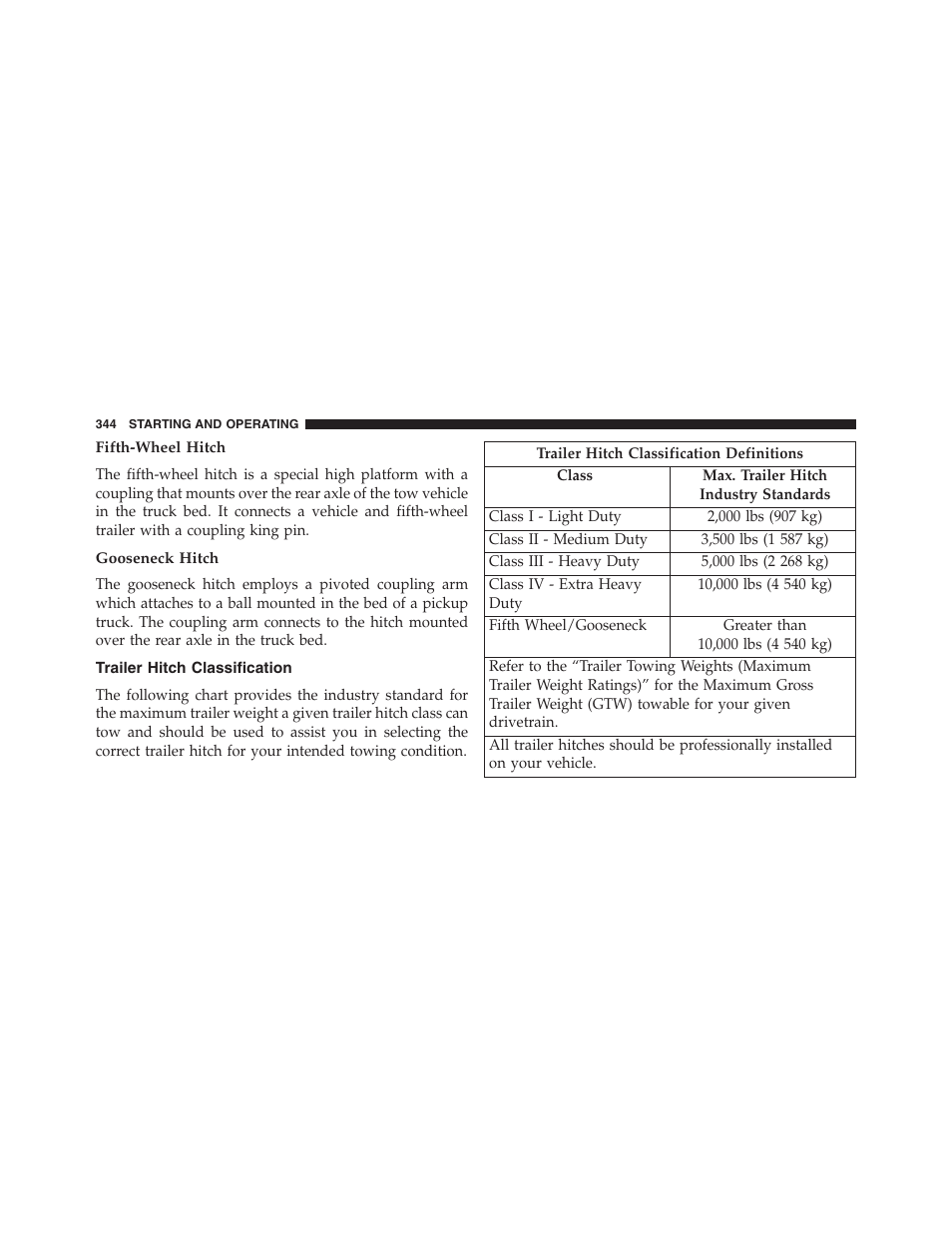 Fifth-wheel hitch, Gooseneck hitch, Trailer hitch classification | Ram Trucks 2013 Chassis Cab - Owner Manual User Manual | Page 346 / 490