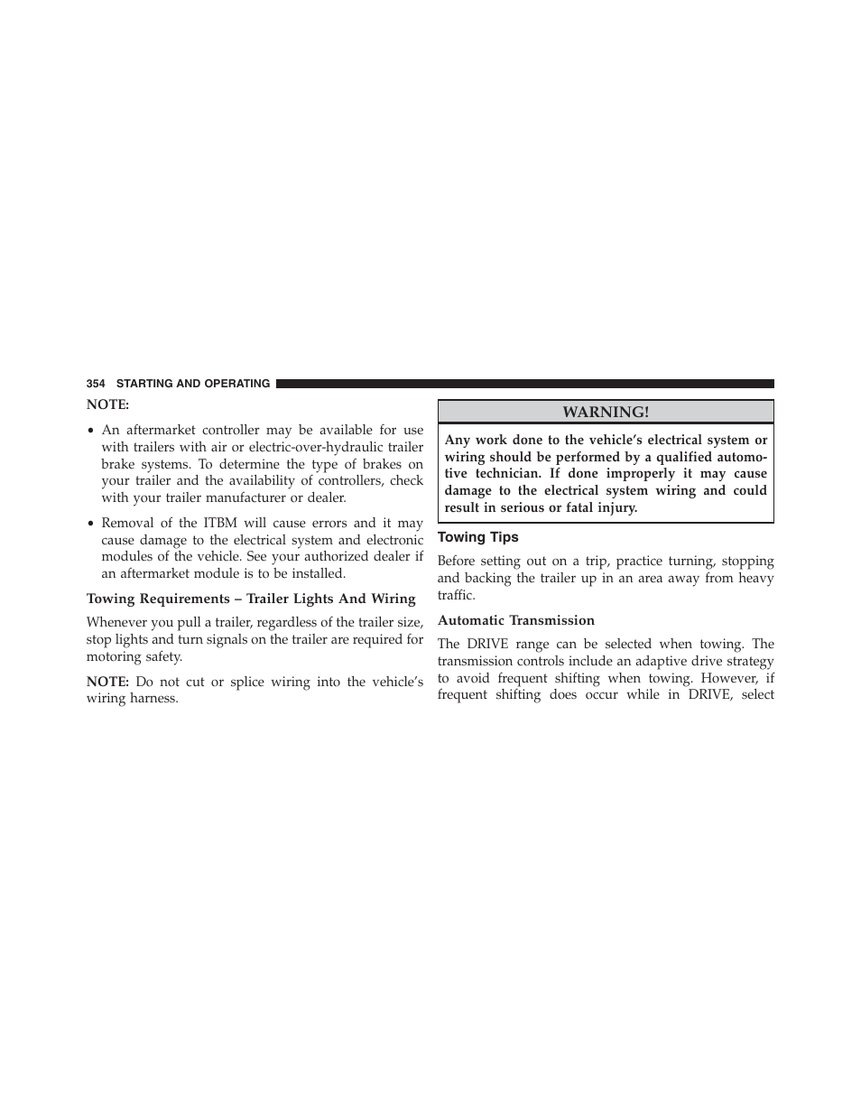 Towing requirements – trailer lights and wiring, Towing tips, Automatic transmission | Ram Trucks 2013 Chassis Cab - Owner Manual User Manual | Page 356 / 490