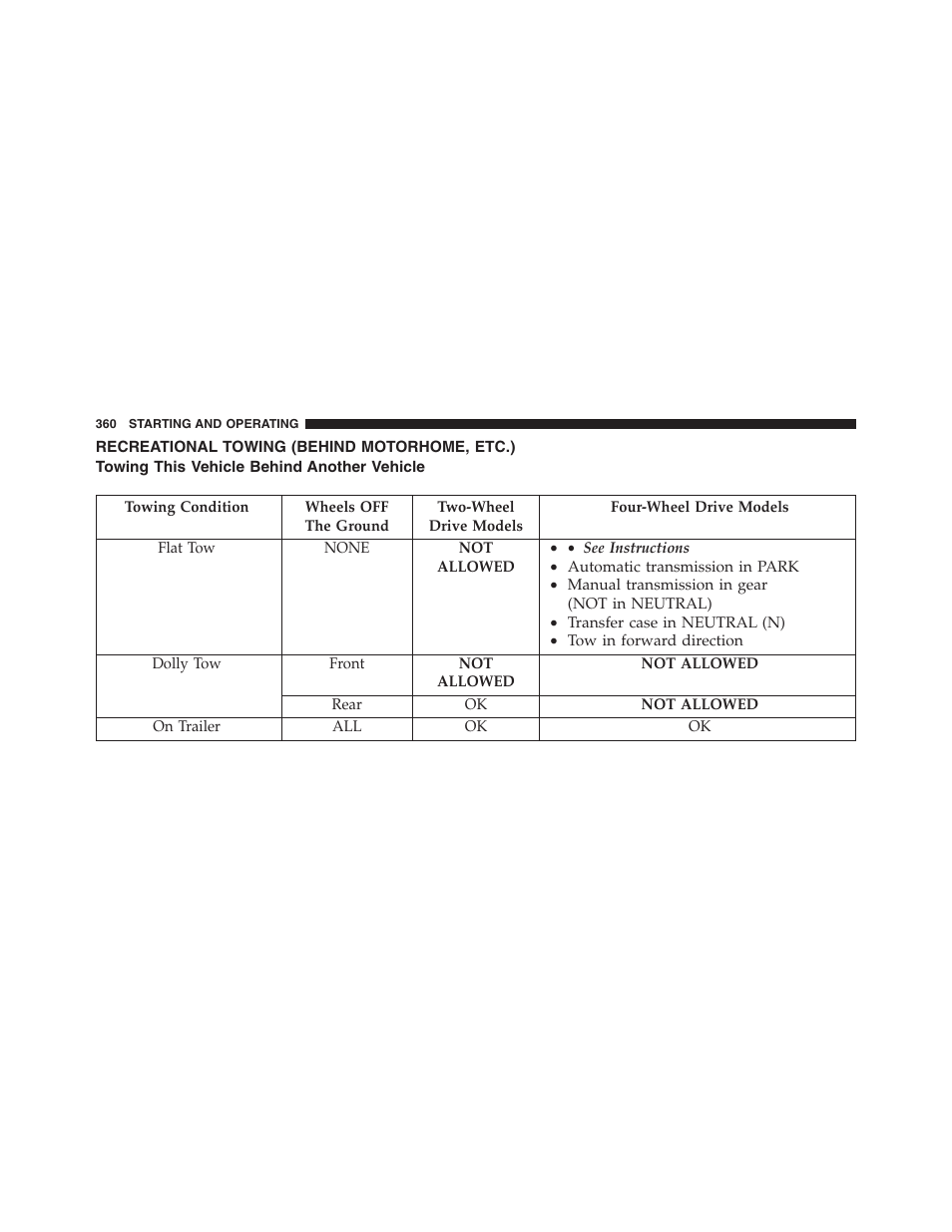 Recreational towing (behind motorhome, etc.), Towing this vehicle behind another vehicle, Recreational towing | Behind motorhome, etc.) | Ram Trucks 2013 Chassis Cab - Owner Manual User Manual | Page 362 / 490