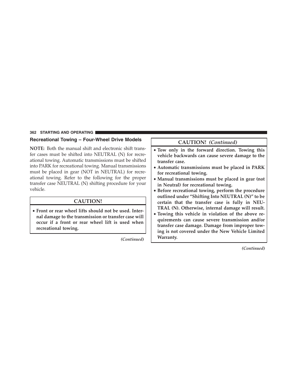 Recreational towing – four-wheel drive models, Recreational towing – four-wheel drive, Models | Ram Trucks 2013 Chassis Cab - Owner Manual User Manual | Page 364 / 490