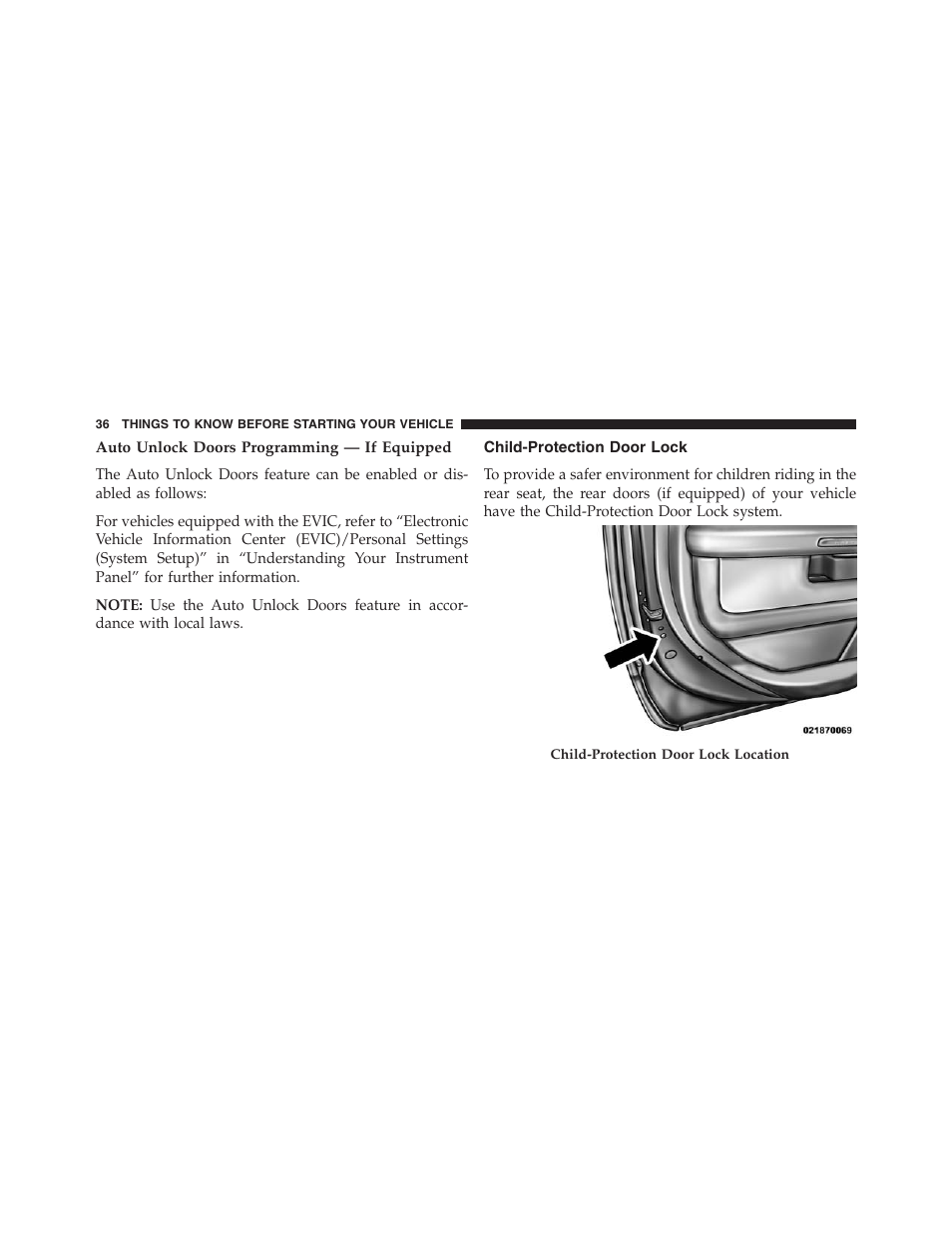 Auto unlock doors programming — if equipped, Child-protection door lock | Ram Trucks 2013 Chassis Cab - Owner Manual User Manual | Page 38 / 490