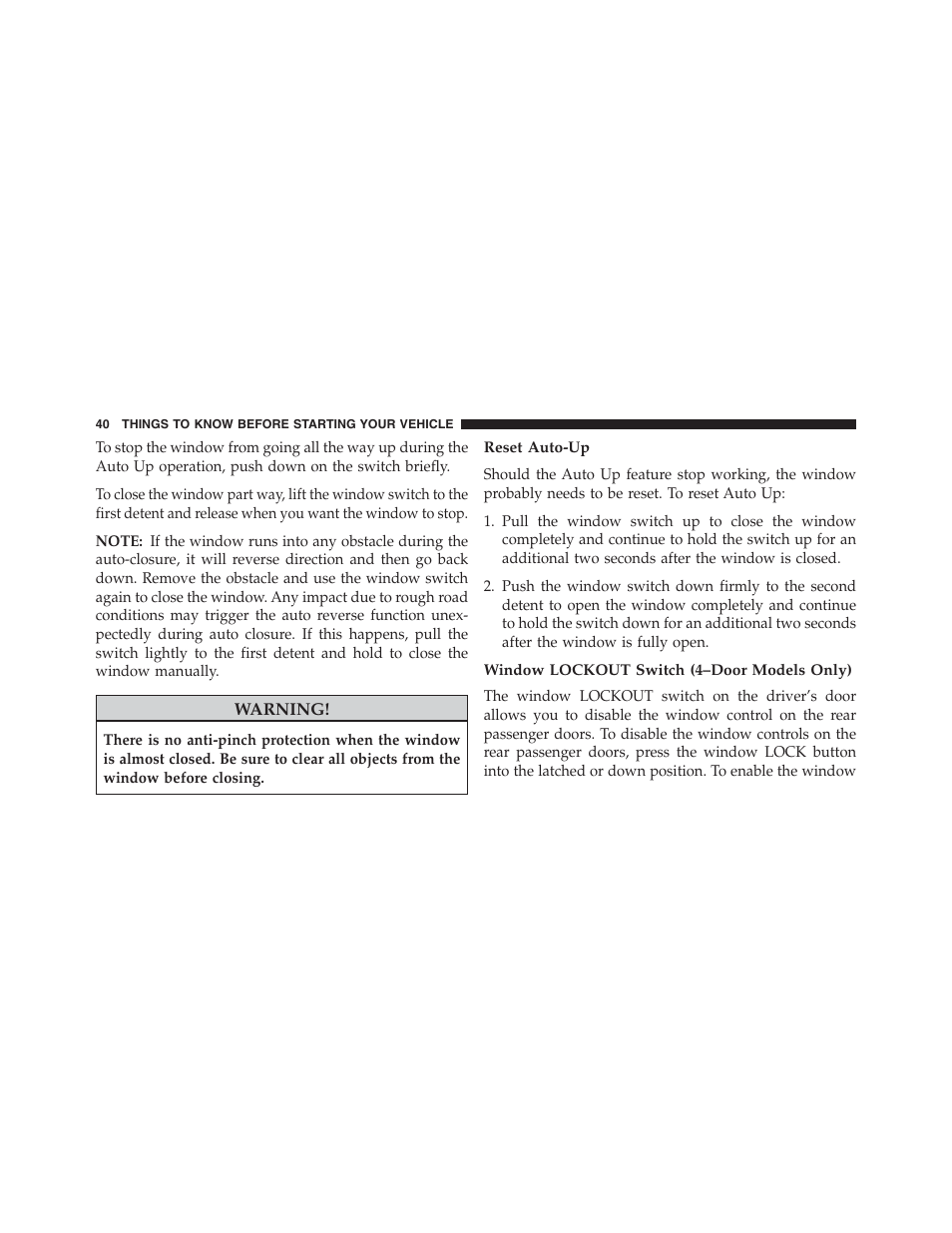 Reset auto-up, Window lockout switch (4–door models only) | Ram Trucks 2013 Chassis Cab - Owner Manual User Manual | Page 42 / 490
