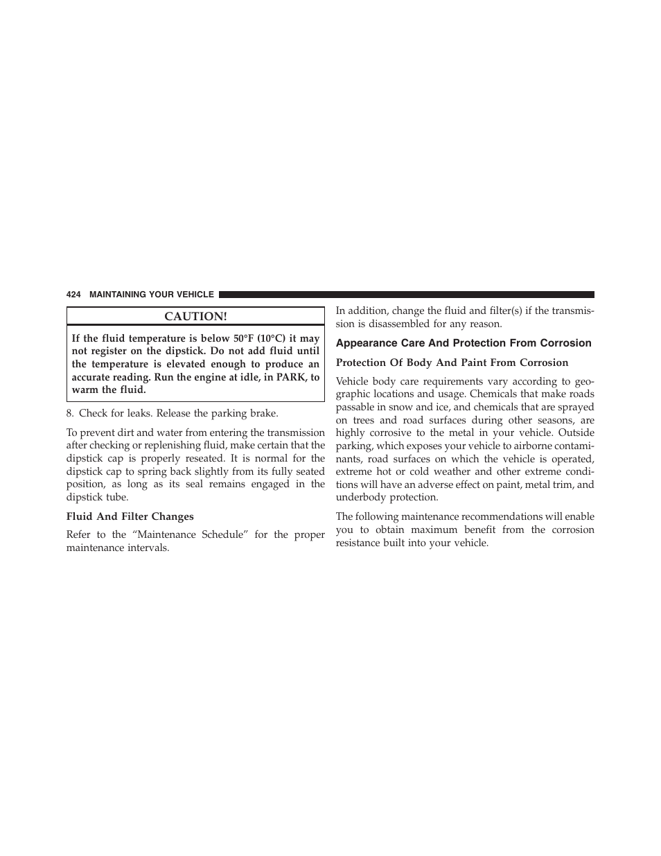 Fluid and filter changes, Appearance care and protection from corrosion, Protection of body and paint from corrosion | Appearance care and protection, From corrosion | Ram Trucks 2013 Chassis Cab - Owner Manual User Manual | Page 426 / 490