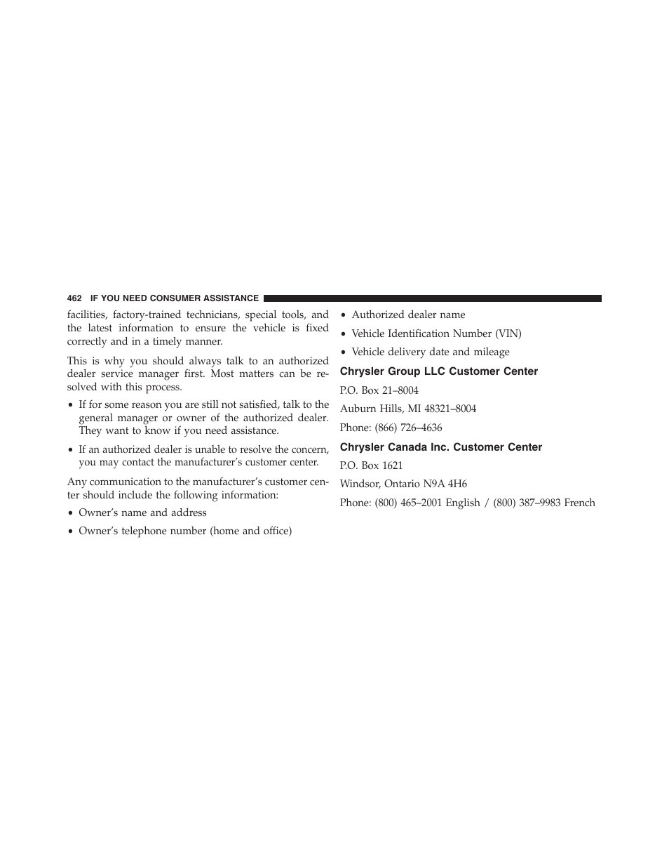 Chrysler group llc customer center, Chrysler canada inc. customer center | Ram Trucks 2013 Chassis Cab - Owner Manual User Manual | Page 464 / 490