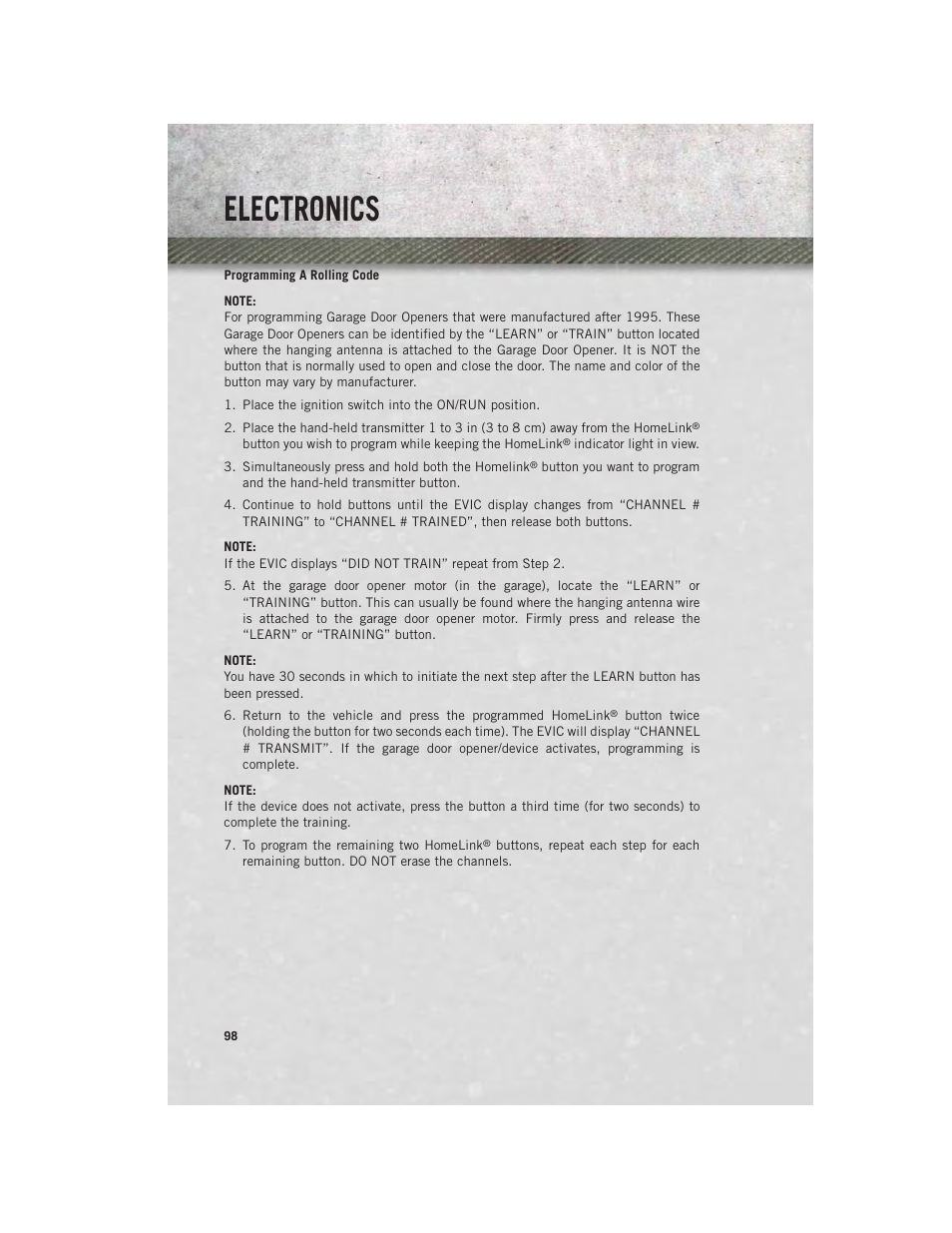 Programming a rolling code, Electronics | Ram Trucks 2013 Chassis Cab - User Guide User Manual | Page 100 / 172