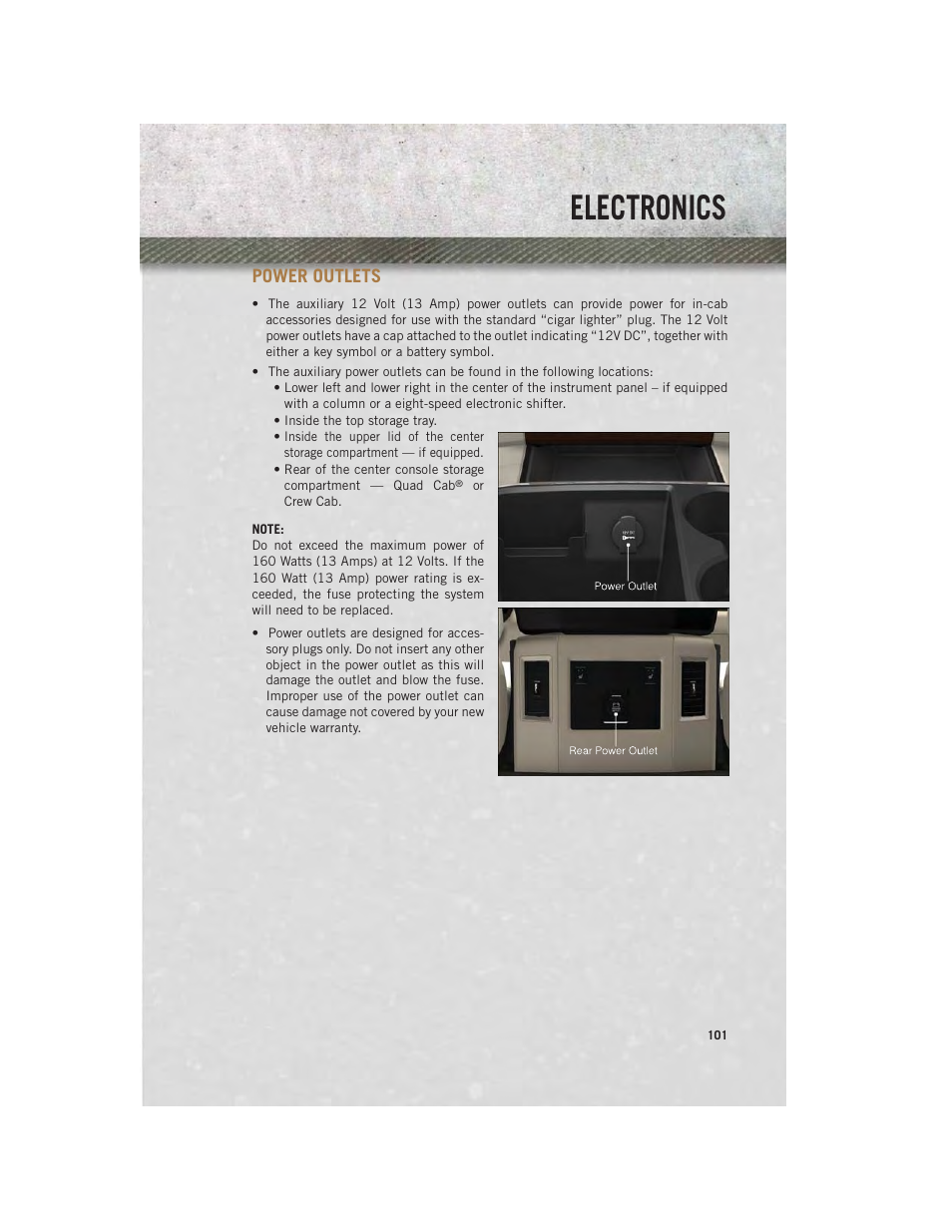 Power outlets, Electronics | Ram Trucks 2013 Chassis Cab - User Guide User Manual | Page 103 / 172