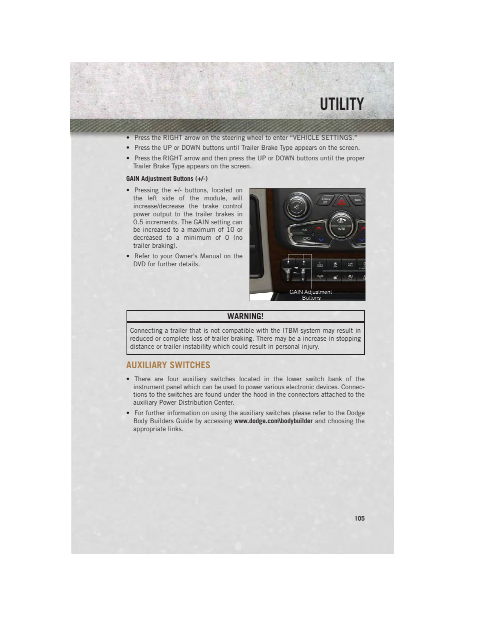 Gain adjustment buttons (+/-), Auxiliary switches, Utility | Ram Trucks 2013 Chassis Cab - User Guide User Manual | Page 107 / 172