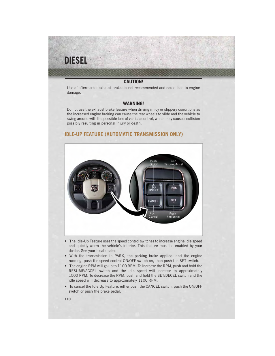 Idle-up feature (automatic transmission only), Idle-up feature (automatic, Transmission only) | Diesel | Ram Trucks 2013 Chassis Cab - User Guide User Manual | Page 112 / 172