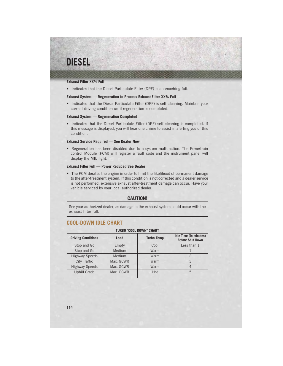 Exhaust filter xx% full, Exhaust system — regeneration completed, Exhaust service required — see dealer now | Exhaust filter full — power reduced see dealer, Cool-down idle chart, Diesel, Caution | Ram Trucks 2013 Chassis Cab - User Guide User Manual | Page 116 / 172