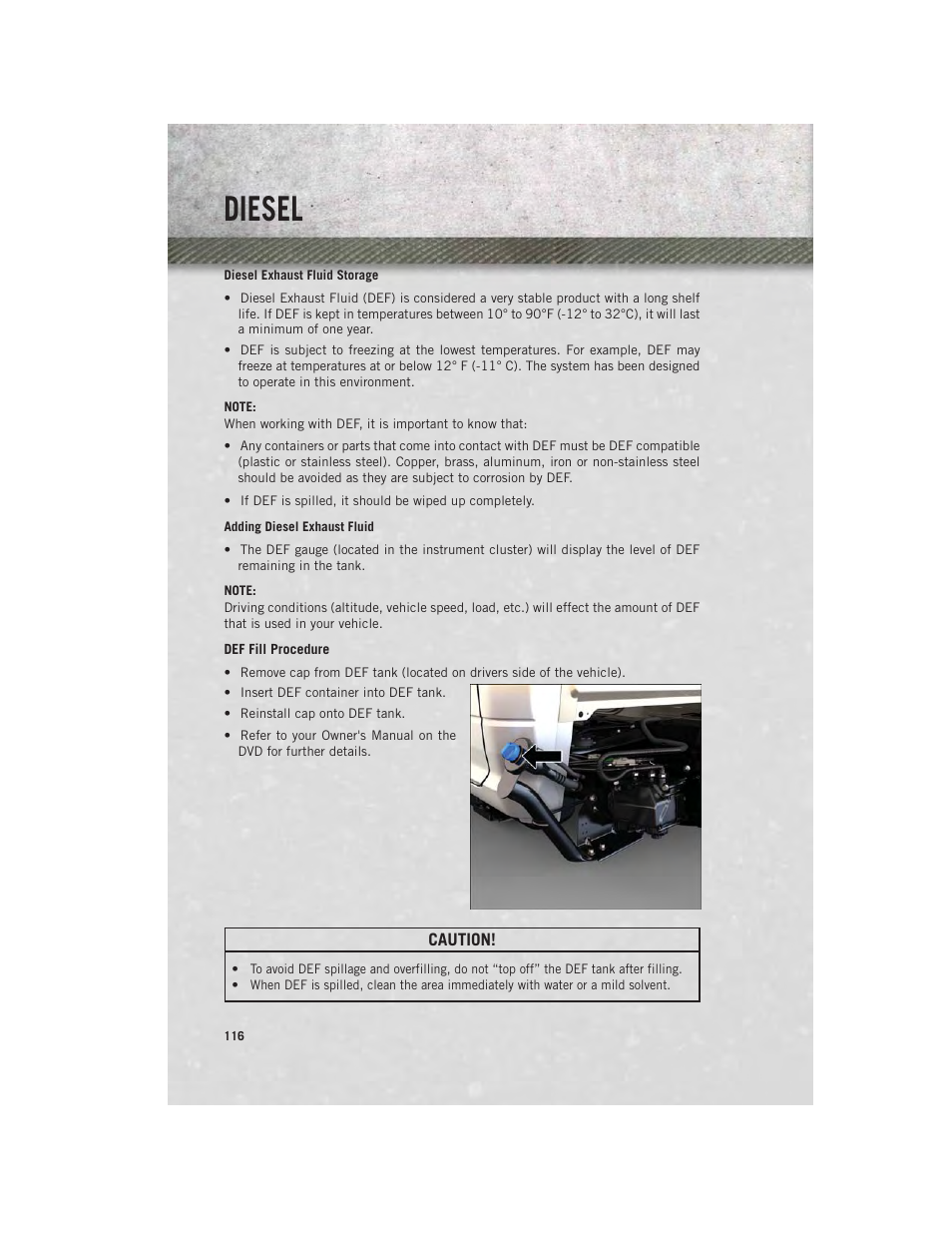 Diesel exhaust fluid storage, Adding diesel exhaust fluid, Diesel | Ram Trucks 2013 Chassis Cab - User Guide User Manual | Page 118 / 172